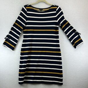 Ann Taylor Factory Dress Size Small Navy/White/Gold Stripe Rayon Blend Knit